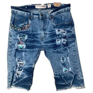 Evolution and Creation Blue Jeans with Gold Stitching and Vintage Distress